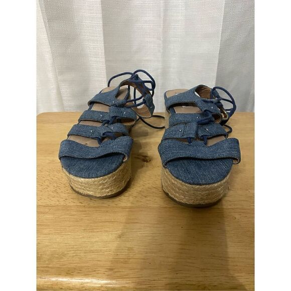 Steve Madden Braylin denim strappy lace up platform wedge shoes size 7 - Picture 3 of 8